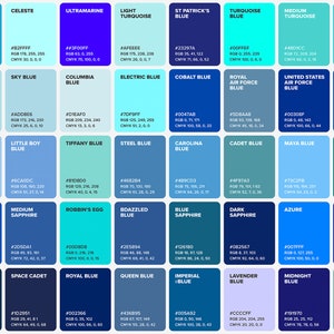 100 Blue Shades Color Poster, Wall Art Color, Chart & Sheet, Color ...