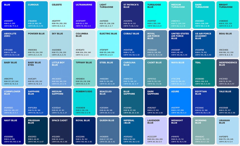 100 Blue Shades Color Poster Wall Art Color Chart Sheet Color 100 Blue Shades Color Poster Wall Art Color Chart Sheet Color