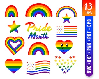 Puede incluir: Un conjunto de 13 archivos digitales con diseños de temática arcoíris para el Mes del Orgullo. Los diseños incluyen arcoíris, corazones, estrellas y la bandera estadounidense con colores arcoíris. El texto "Pride Month" también está incluido.