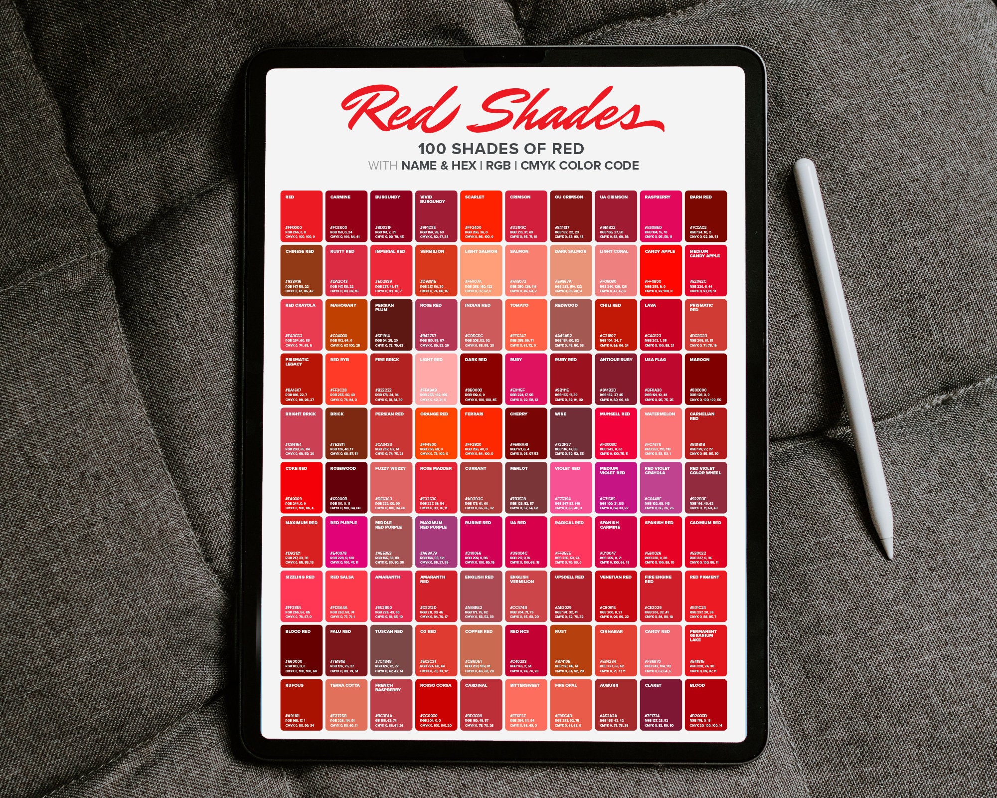 100 Red Shades Color Poster, Wall Art Color, Chart & Sheet, Color ...