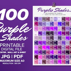 100 Purple Shades Color Poster, Wall Art Color, Chart & Sheet, Color Shades of PURPLE, Poster Printable,  Poster A0 - A4 Digital Print