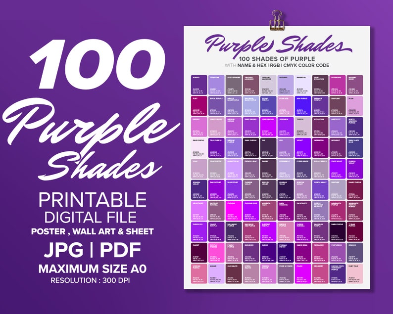 100 Purple Shades Color Poster, Wall Art Color, Chart & Sheet, Color