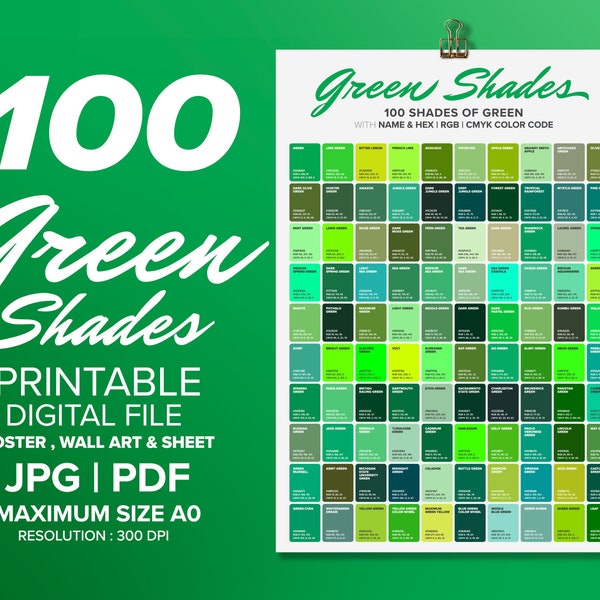 Affiche couleur 100 nuances vertes, couleur d’art mural, graphique et feuille, nuances de couleur de VERT, affiche imprimable, affiche A0 - A4 impression numérique