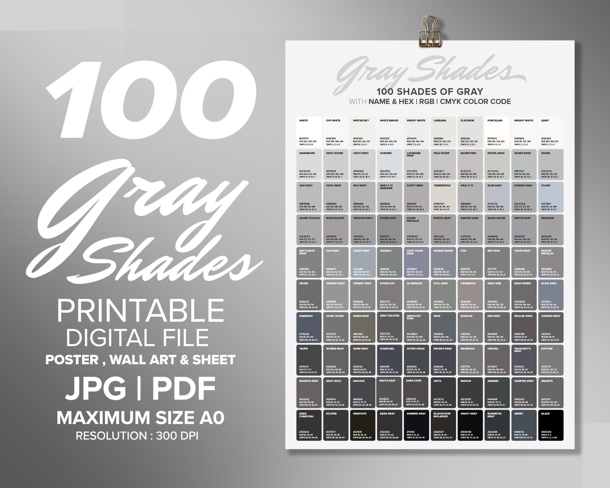 Gray Shades Color Chart Poster: Wall Art Printable (digital Print
