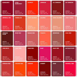 100 Red Shades Color Poster, Wall Art Color, Chart & Sheet, Color ...