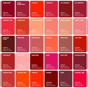 100 Red Shades Color Poster, Wall Art Color, Chart & Sheet, Color ...