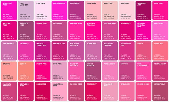 100 Pink Shades Color Poster, Wall Art Color, Chart & Sheet, Color