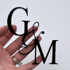 May include: Black acrylic letters spelling out "G & M" are held in a hand. The letter "G" is a bold, sans-serif font, while the "&" and "M" are in a script font. The background is plain white.