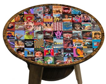 Small End Table Retro Culture Collage | 70s 80s 90s Album Cover Art, Vintage Ads | Handmade Furniture Memorabilia Decor