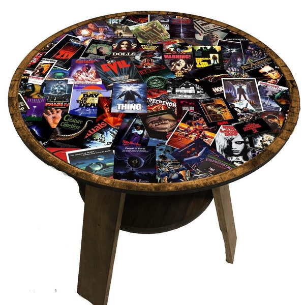 Cult Classic Horror Film Poster Collage Round Wood Coffee Table | Horror Movie Art Horror Movie Gifts