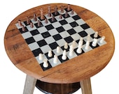 Bourbon Barrel Head Wood Chess Board Table | Reclaimed Wood Upcycled Furniture with Chess Set
