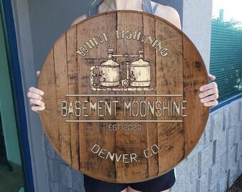 Basement American Moonshine Bar Sign Custom Barrel Head Rustic Wall Decor