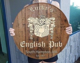 English Pub Bar Sign Custom Barrel Head Rustic Wall Decor