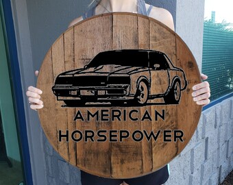 Whiskey Barrel Head American Horsepower Buick Grand National GNX Wood Wall Decor Bar Sign Man Cave