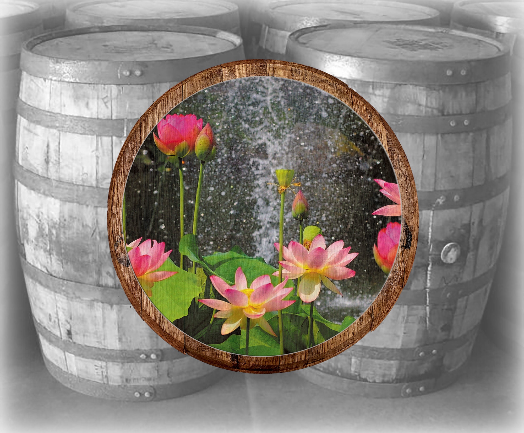 Details about   Whiskey Barrel Head Pink Lotus Blossom Waterfall Rain Flowers Décor Wall Art