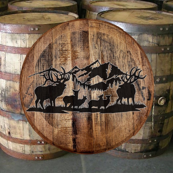 Whiskey Barrel Head Wildlife Scene Deer Elk Buck Doe Hunting Outdoors Wall Decor Bar Sign Man Cave