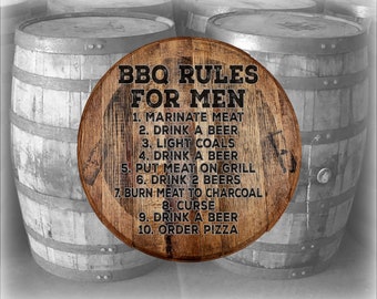 Whiskey Barrel Head BBQ Rules for Men Drink A Beer Funny Cookout Priorities Outdoor Wall Decor Bar Sign Wood Wall Art