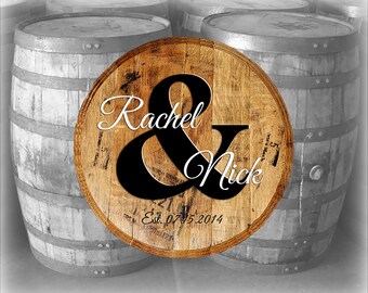 Whiskey Barrel Head Personalized Ampersand and First Names Commemorative Wedding Gift