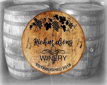 Whiskey Barrel Head Personalized Last Name Family Winery or Vineyard Wall Decor