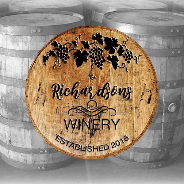 Whiskey Barrel Head Personalized Last Name Family Winery or Vineyard Wall Decor