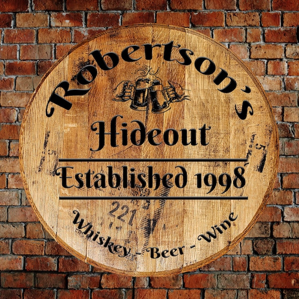 Bourbon Barrel Head Custom Bar Sign Man Cave Decor | Whiskey Barrel Head Gifts for Dad