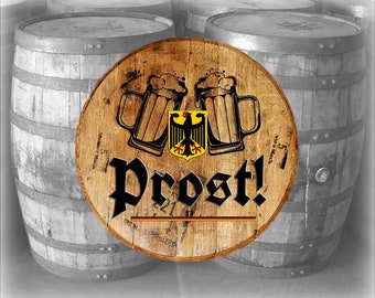 Reclaimed Wood Whiskey Barrel Head Prost! with Flag and Beer German Heritage Bar Sign Germany Pride Rustic Wall Decor