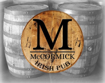 Whiskey Barrel Head Personalized Monogram Rustic Bar or Pub Sign