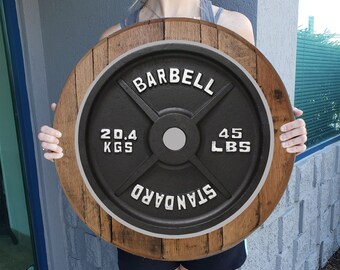 Whiskey Barrel Head Barbell 45lb Steel Plate Weightlifting Bodybuilding Gym Wall Decor Wood Wall Art