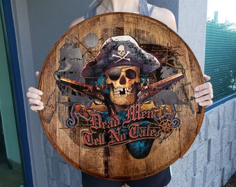 Dead Men Tell No Tales Pirate Eyepatch | Pirate Print Oak Barrel Head | Man  Cave Decor