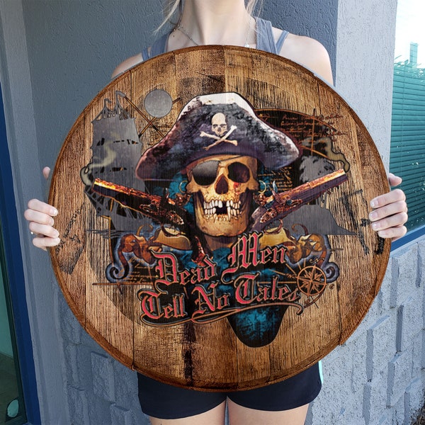 Dead Men Tell No Tales Pirate Eyepatch | Pirate Print Oak Barrel Head | Man Cave Decor