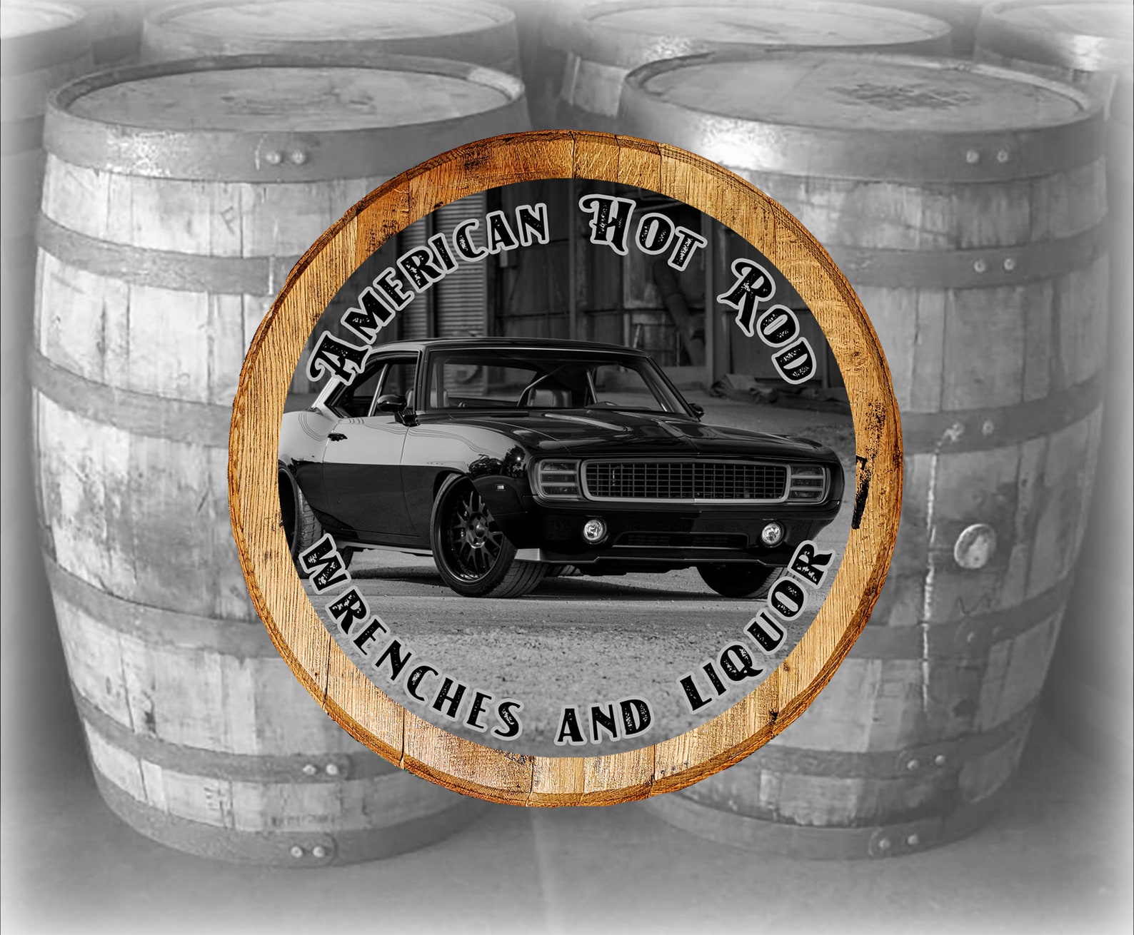 Reclaimed Wood Whiskey Barrel Head American Hot Rod Wrenches Etsy