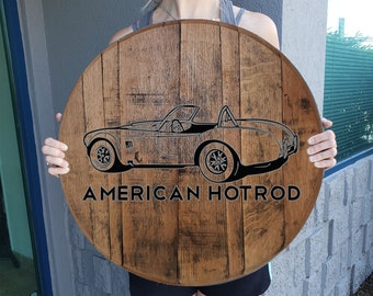 Whiskey Barrel Head American Hotrod Shelby Cobra Roadster Classic Car Wall Decor Bar Sign Man Cave