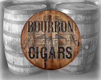 Whiskey Barrel Head Bourbon and Cigars Whiskey Wealthy Casino Hobbies Tobacco Fan Wall Decor Bar Sign Wood Wall Art