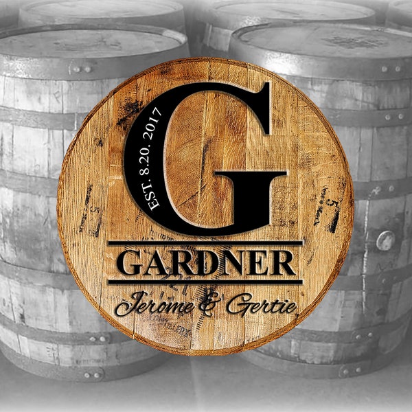 Personalized Whiskey Barrel Head Monogram with Last Name, First Names and Full Date - Choose Your Letter