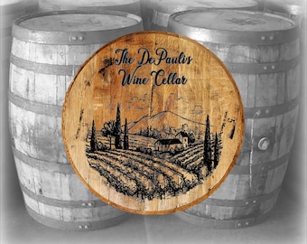 Tuscan Vineyard Wine Cellar Personalized Rustic Barrel Head Decor