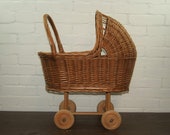 Vintage rattan wicker and wood doll stroller pram
