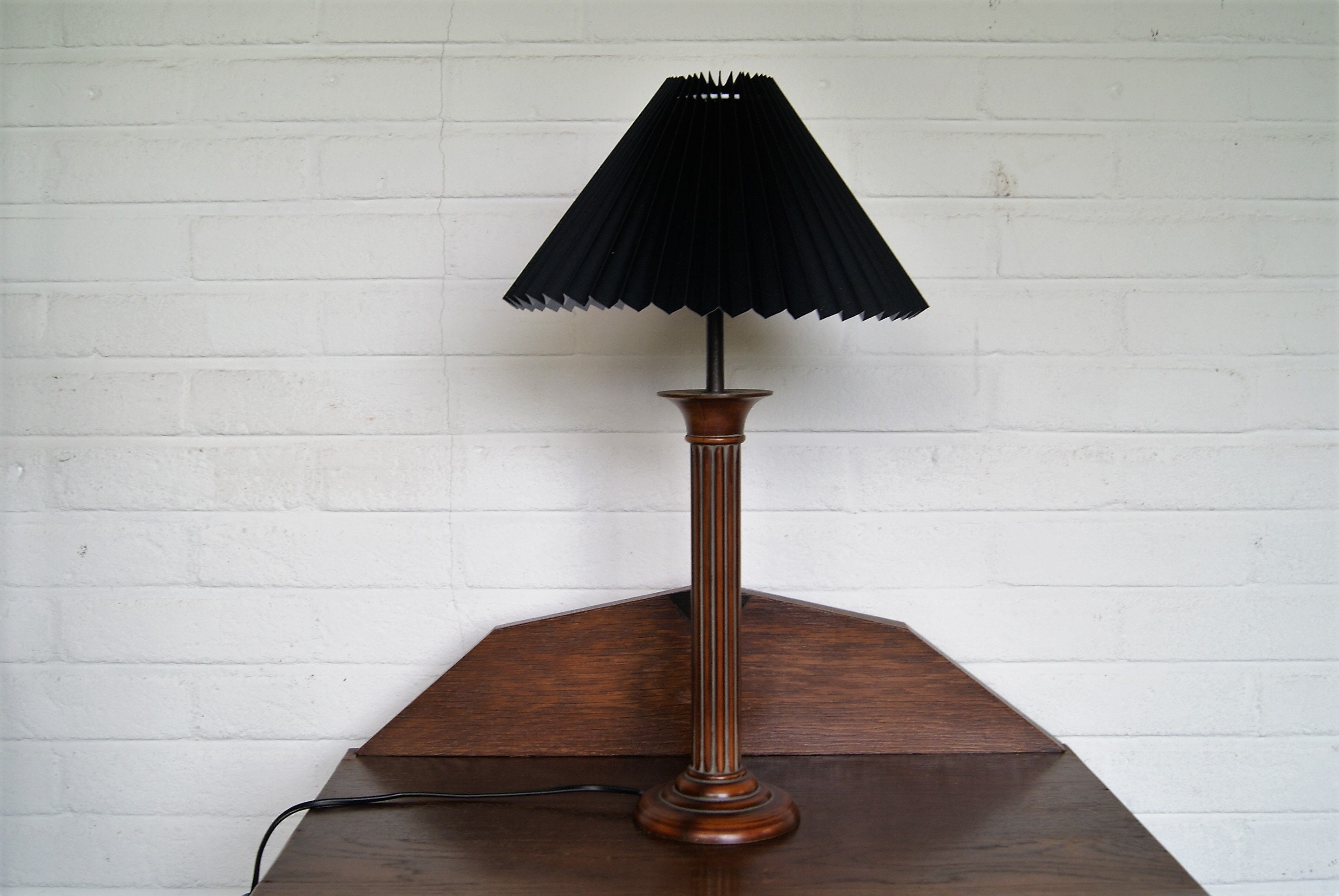 Wooden Table Lamp With New Pleated Black Shade Pleated Black Lamp Shade, Vintage Wooden Table Lamp Shade