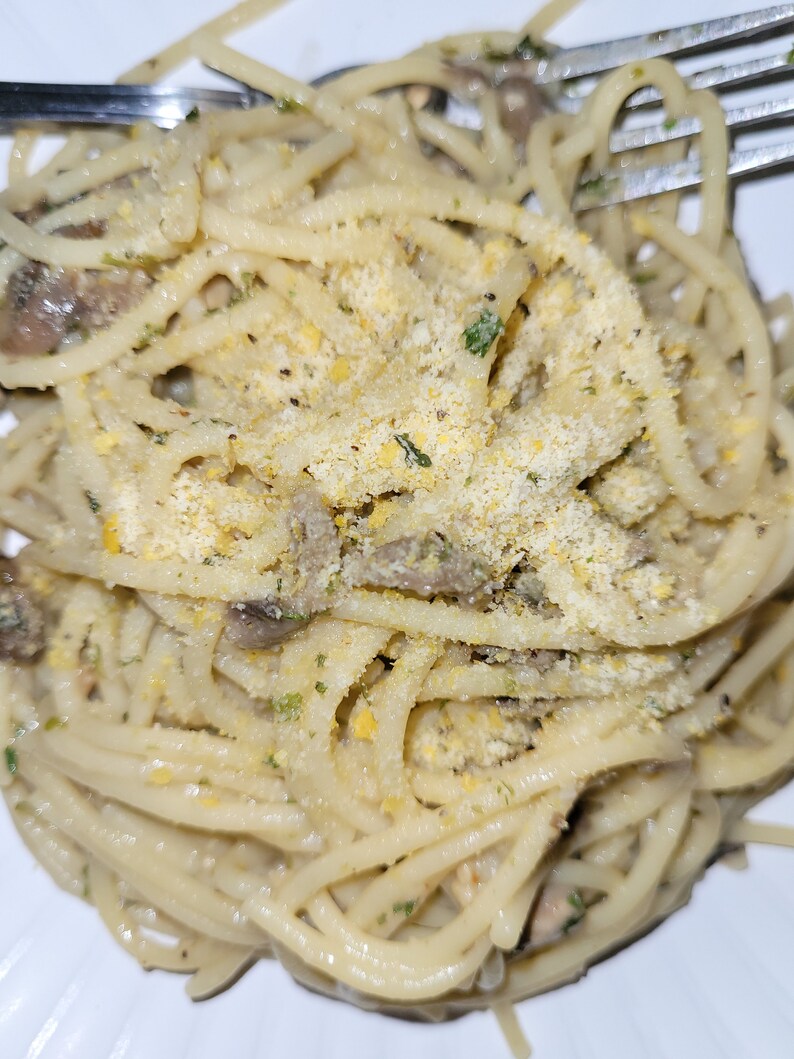 May include: A close-up of a plate of spaghetti with mushrooms and a white sauce, topped with grated cheese.