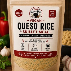 Vegan Queso Rice Skillet Meal just add plant milk and water cook and serve Vegan Helper Type Meal Kit