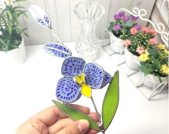 Stained Glass Orchid Flower, Purple Floral Sculpture, Handmade Orchid Decor