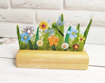 Fused Glass Candle Holder with Wooden Base, Floral Tea Light Holder, Handmade Decor