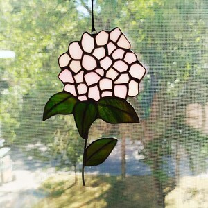 Handmade Stained Glass Pink Hydrangea Suncatcher, Botanical Window Hanging Flower Decor
