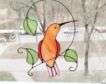 Stained Glass Hummingbird Suncatcher on Branch with leaves, Modern Window Hanging
