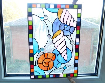 Stained glass Panel Sea Shell, Suncatcher Decor for a window or bathroom