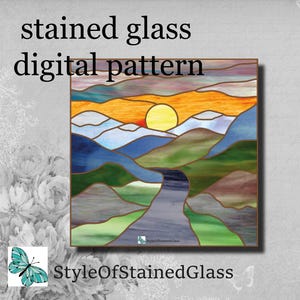Digital download Stained glass pattern pdf landscape, Diy Stained Glass Easy mountain pattern, mountain suncatcher