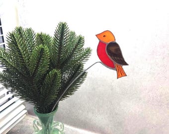 Stained Glass Bird Plant Stake, Red Brown Bird  Garden Decor, Vase and Planter Decoration