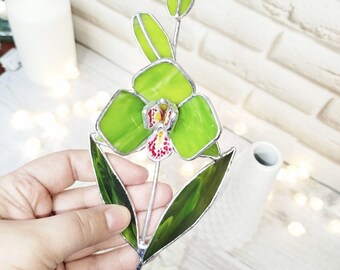Cymbidium Green Orchid,  Stained Glass Flower on Stem for Vase or Planter, garden decor