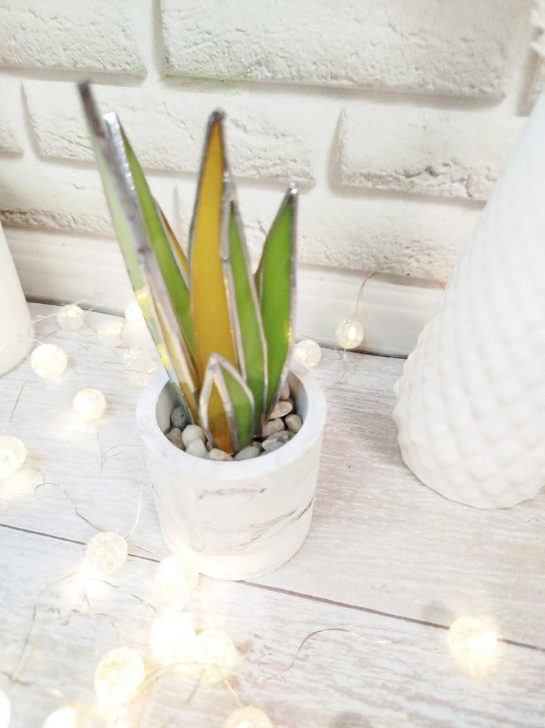 Agave stained glass, handmade fake plant decor suncatcher, Nature Desktop Succulent