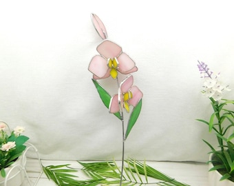 Glasmalerei-Orchideenblume, rosa Blumenstecker, botanisches Dekor, Gärtnergeschenk, Innendekoration