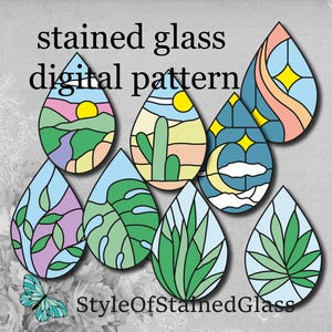 Buntglas Muster Pdf Tropfen, Pflanzen Landschaft, DIY Glasmalerei Berg Suncatcher, Buntglas pdf, Tropfen Muster, Lichtfänger
